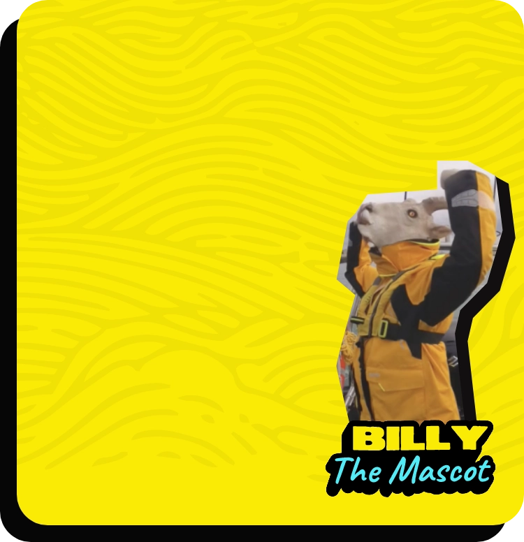 A person wearing a goat mascot costume, including a white goat head, raises their arms in excitement. They have on a yellow and black outfit. The bright yellow background has a subtle wave pattern, with the text "Billy The Mascot" in the lower right corner.