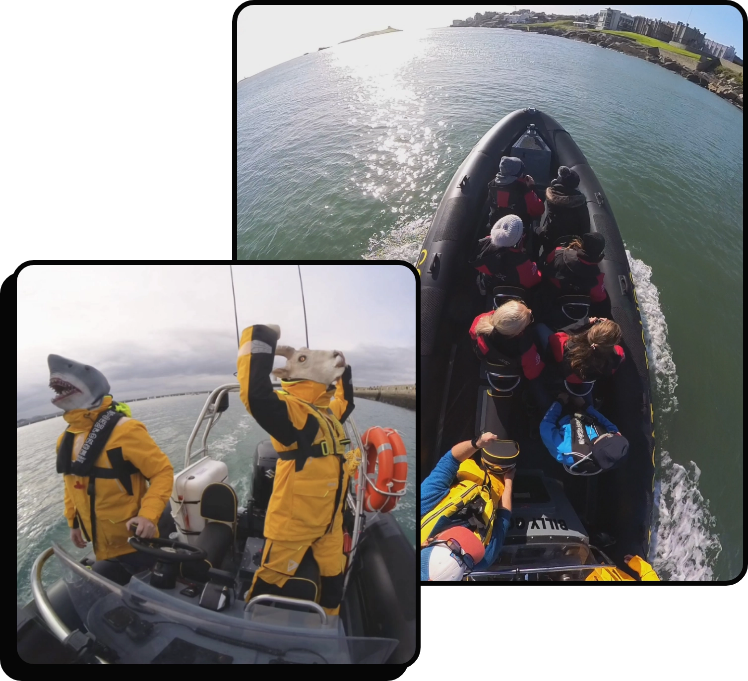 Two images: The first shows people wearing animal masks on a boat. The second image is an aerial view of a black inflatable boat on the water with several people onboard, some wearing life jackets. The sea is calm, and the sky is overcast.