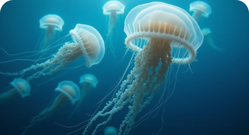 A group of jellyfish with translucent bodies and long, flowing tentacles swim gracefully in a deep blue ocean. The ethereal lighting highlights their delicate forms as they drift through the water.