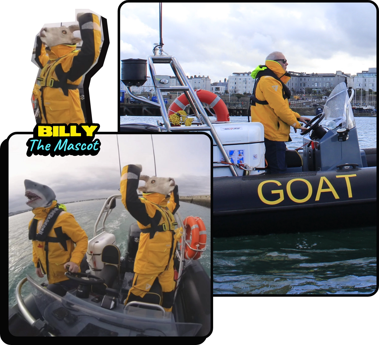 A person dressed in a yellow jacket and a shark helmet, labeled "Billy The Mascot," stands on a boat named "GOAT." They are raising their arms in the air and steering the boat on a calm, cloudy day near a harbor.