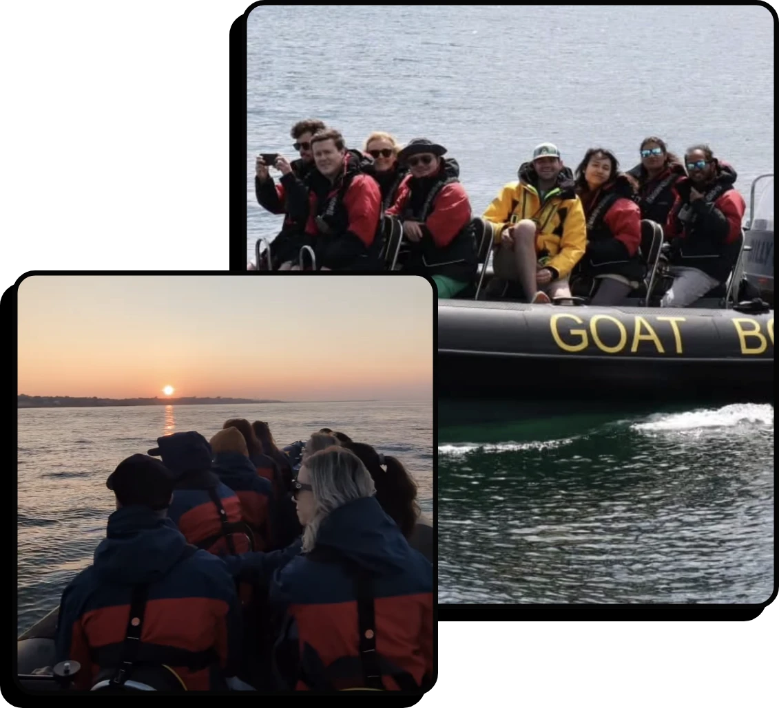 Two images of people on a boat. The top image shows a group smiling and posing on a boat named "GOAT BOI" in calm waters. The lower image depicts people in life vests facing away, watching the sunset over the ocean.