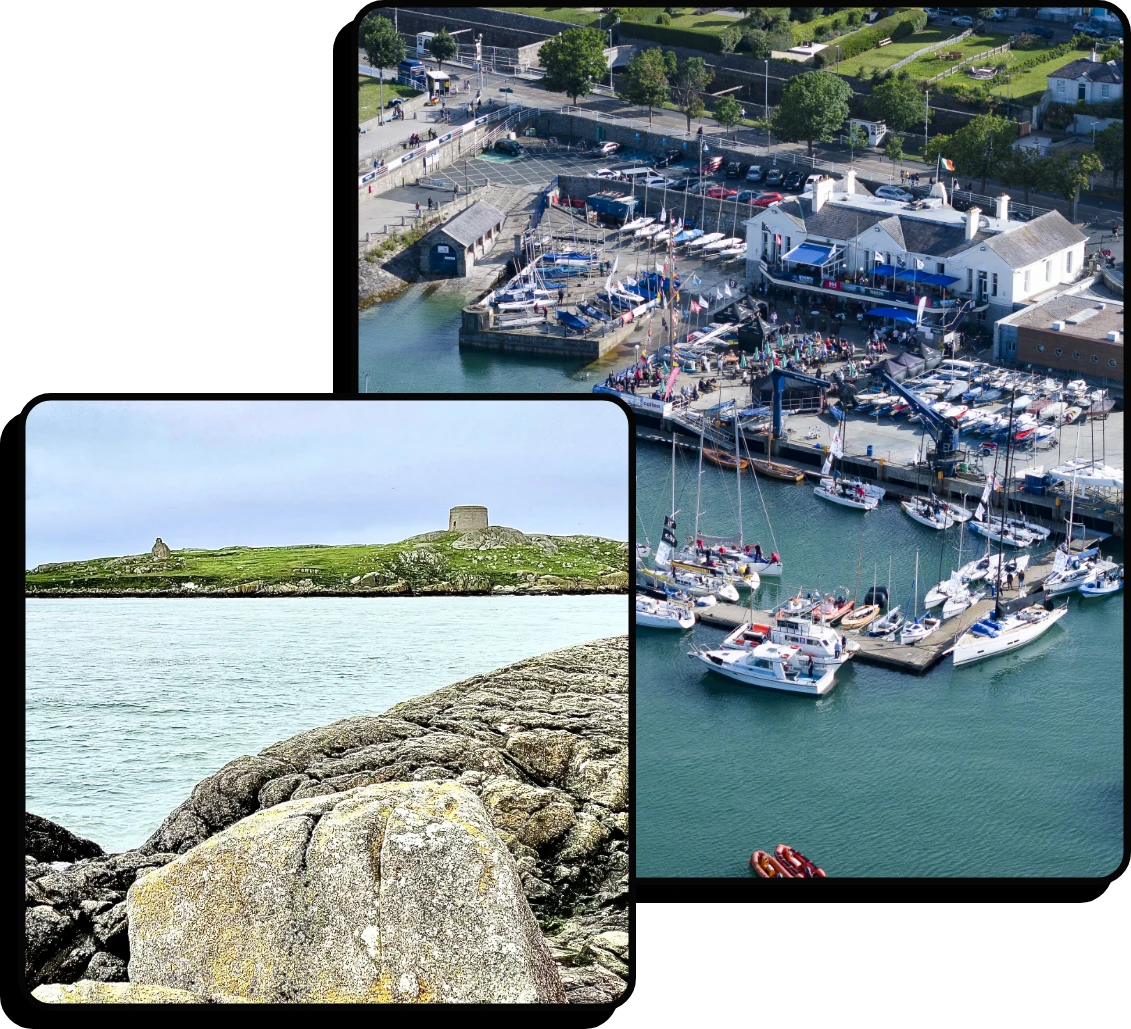 Split image: Top right shows an aerial view of a bustling marina with numerous boats and nearby buildings. Bottom left displays a rocky shoreline with the sea and a green, grassy hill with a small tower in the distance.