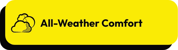 Yellow rectangle with the text "All-Weather Comfort" and an icon of three overlapping clouds on the left.