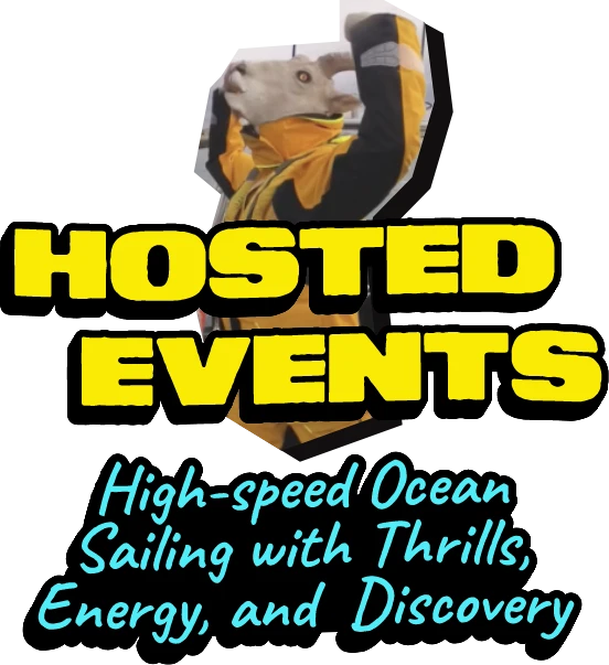 A person in a yellow and black suit wears a horse mask, raising their arms in excitement. Bold yellow text reads "HOSTED EVENTS," with blue text below stating "High-speed Ocean Sailing with Thrills, Energy, and Discovery.