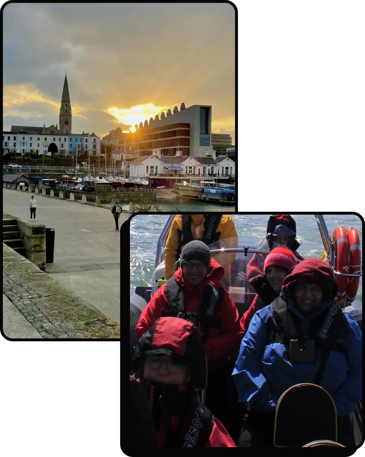 Top image: A harbor scene at sunset with a dock, buildings, and a spire under a cloudy sky. Bottom image: Several people in red and blue jackets smiling on a small boat, wearing life vests and hoods, surrounded by water.