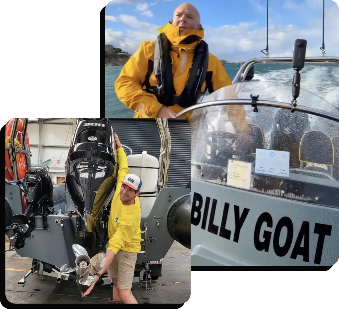 A collage of three images: a person in a yellow jacket steering a boat, another person in a yellow sweatshirt crouching by a boat's propeller in a workshop, and a close-up of a boat named "BILLY GOAT" with raindrops on the windshield.